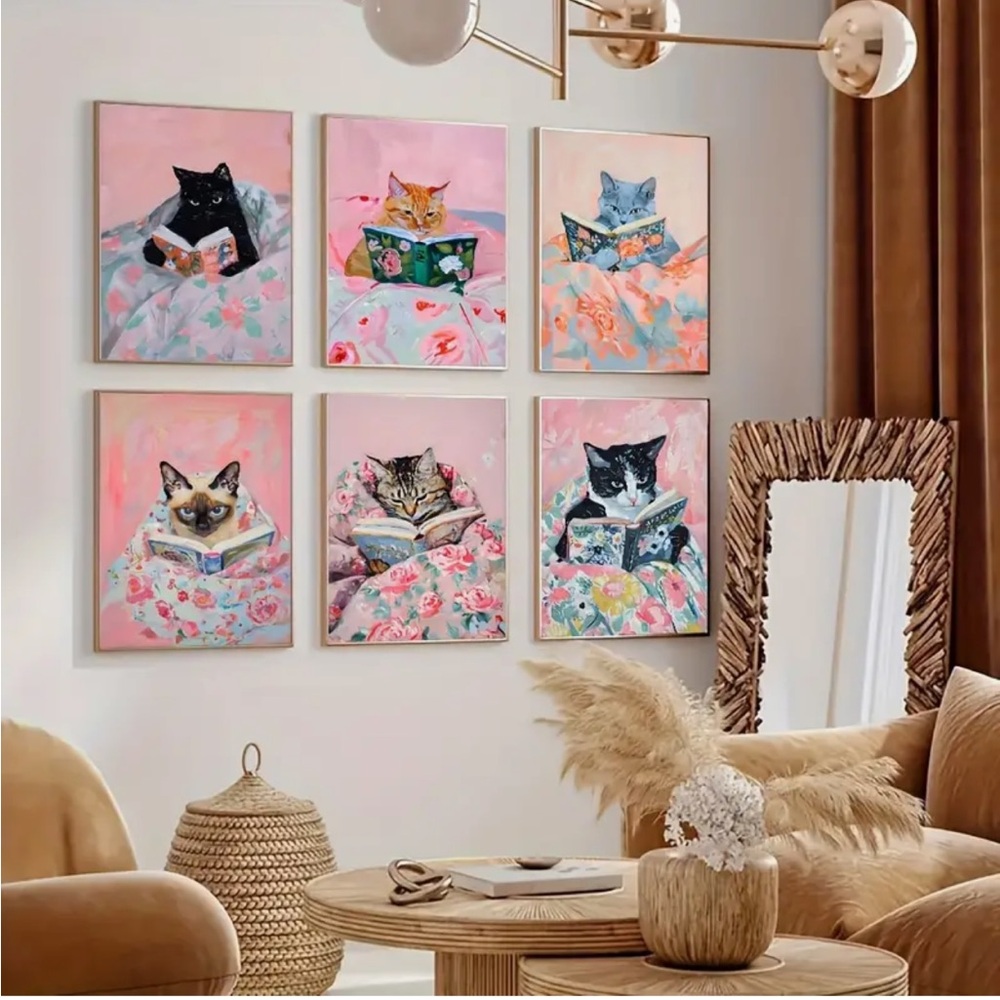Set of 6 Cat Reading Book Canvas Posters Art Prints, Frameless (Lg) - Picture 15 of 15